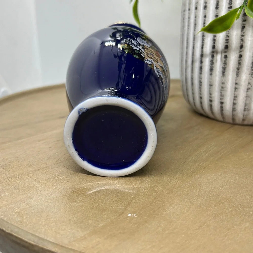 Vtg 5.25“ Vase Cobalt Blue Floral Pheasant Peacock Japan Ceramic 24k Gold Trim